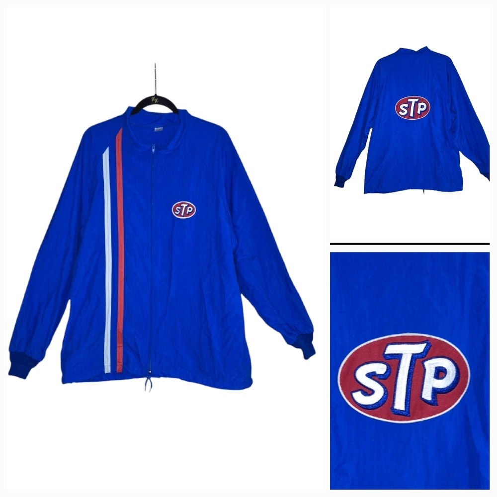VINTAGE STP Racing Mens Large 100% Nylon Blue Striped Jacket
